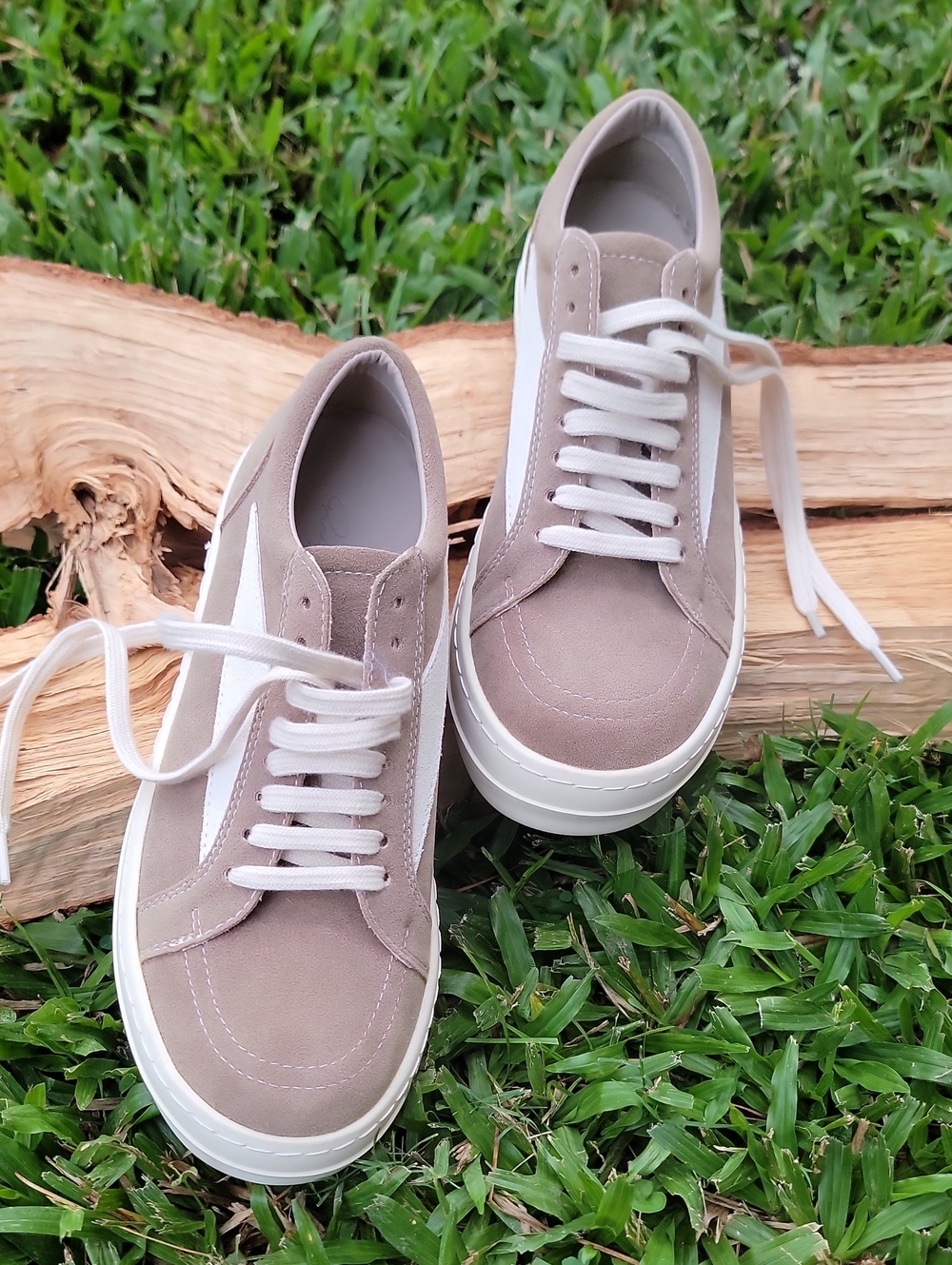 Casual Suede Lace-Up Sneakers in Taupe and White